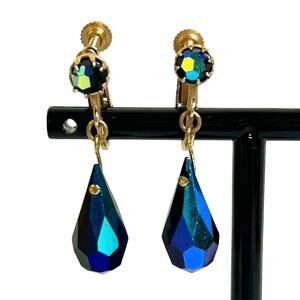 Vintage Blue AB Dangle Screw Back Earrings Mid Century 1950s Gold Tone